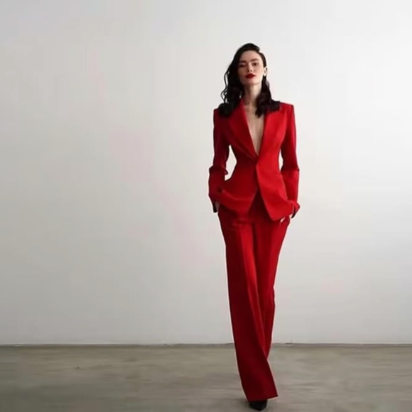 Red Tailored Women's Pantsuit - Classic Long-Leg Blazer & Trousers - Picture 4 of 5